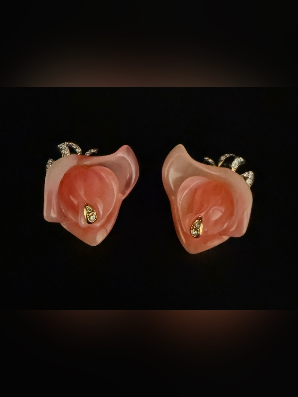 Kenneth Jay Lane Acrylic Peach Rosebud Earrings-Crystal Embellished Black Leaves - Picture 4 of 5
